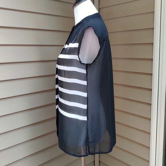 Liz Claiborne Striped Button-Up Blouse Black White Sheer High Neck Short Sleeves - Picture 6 of 11